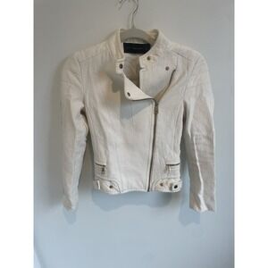 Zara Basic White Textured Bomber Moto Jacket Gold Hardware Size XS Sleeve Zipper